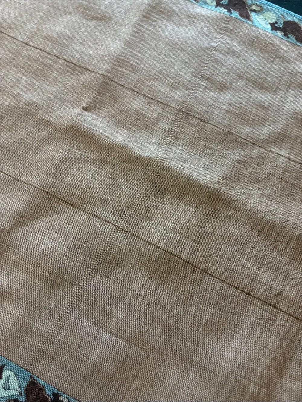 Vintage Long Linen Brown and Blue Bird Motif Scarf